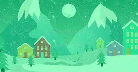 Image of topography patterns and snow falling over winter landscape with copy Ilustração Stock
