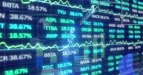 Image of trading board and binary codes over graphs, globe and computer language Illustrazione stock