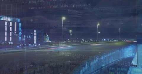 Image of trading board and computer language, time-lapse of vehicles moving.. 스톡 사진