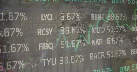 Image of trading board and graphs moving over abstract background Illustrazione stock