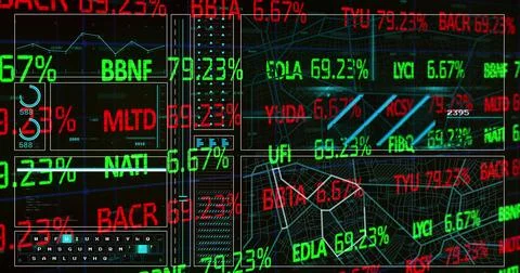 Image of trading board, graph, loading circles and navigation pattern over .. Stock Illustration