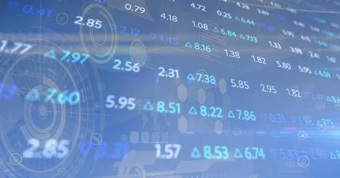Image of trading board with loading circles and hexagons against blue background Stock Illustration