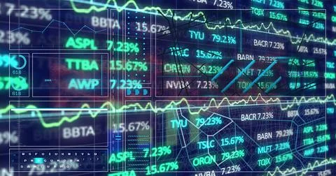 Image of trading board over graph, loading circles, navigation pattern and .. Stock Photos