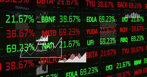 Image of trading board over multiple graph, database, numbers against black.. Stock Illustration