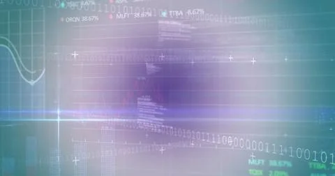 Image of trading boards, graphs, binary codes and computer language over Stock Photos