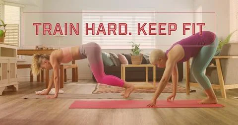 Image of train hard keep fit text over gay lesbian couple exercising together at Fotos Stock