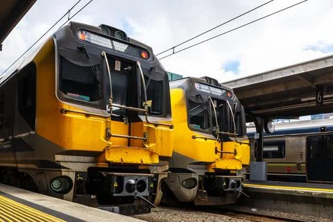 An image of a train sitting at a station platform. The platform is located in Stock Photos