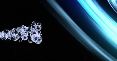 Image of transparent bubbles over blue light moving on black background Ilustração Stock