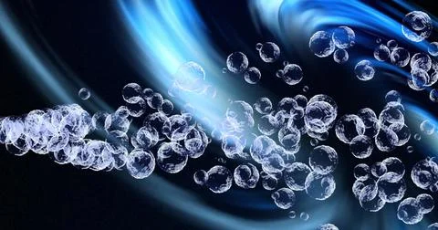 Image of transparent bubbles over blue light moving on black background Ilustração Stock