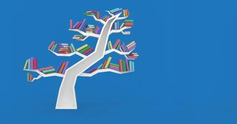 Image of tree with books on branches on blue background 스톡 일러스트