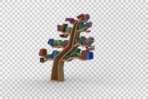 Image of tree shaped bookcase with stacks of multi coloured books Stock Illustration