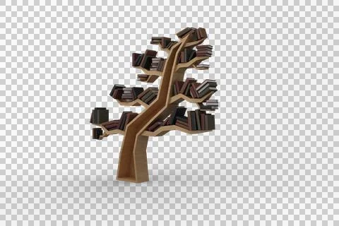 Image of tree shaped bookcase with stacks of books Stock Photos