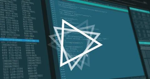Image of triangle rotating over data processing on computer screens 库存插图