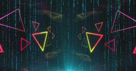 Image of triangles and falling white spots on black background Stock Photos