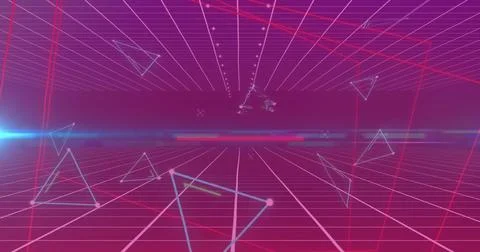 Image of triangles and lines over purple background 写真素材
