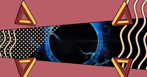 Image of triangles and waves over black circle in dark space Stock Photos