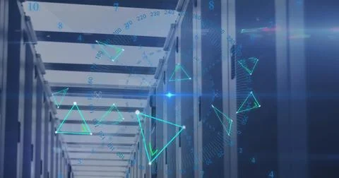Image of triangles, numbers around circles and computer language over serve.. Stock Photos