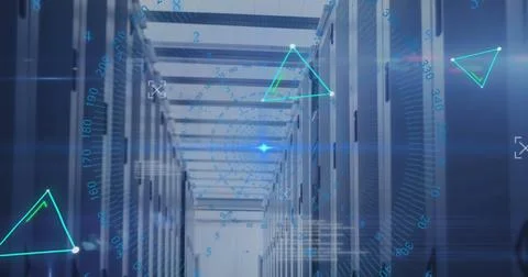 Image of triangles, numbers around circles and computer language over serve.. Stock Photos