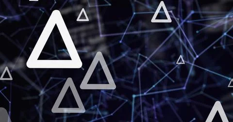 Image of triangles over network of connections and data processing on black.. Stockfoto's
