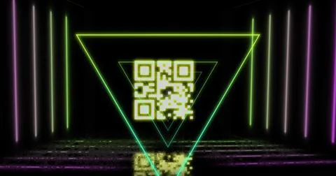 Image of triangles over qr code on black background 库存照片