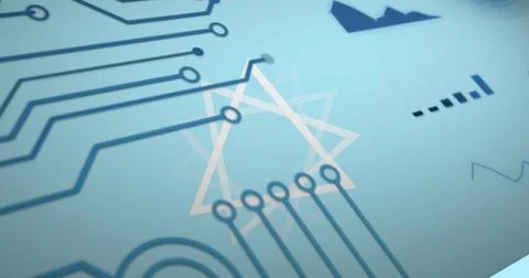 Image of triangles rotating over integrated circuit on blue background Stock Illustration