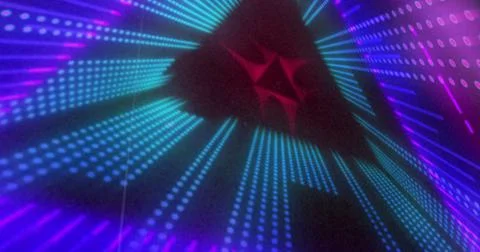 Image of triangular blue and pink 3d light display flashing and moving on black Ilustración de archivo