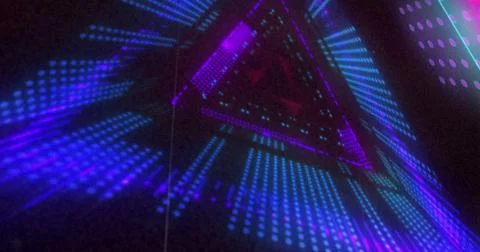 Image of triangular blue and pink 3d light display flashing and moving on black 스톡 일러스트