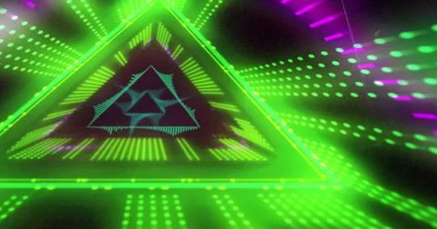 Image of triangular green and pink 3d light display flashing and moving on black Illustrazione stock