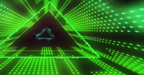 Image of triangular green and pink 3d light display flashing and moving on black Illustrazione stock