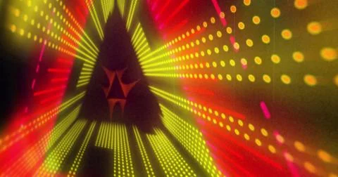 Image of triangular yellow and red 3d light display flashing and moving on black Illustrazione stock