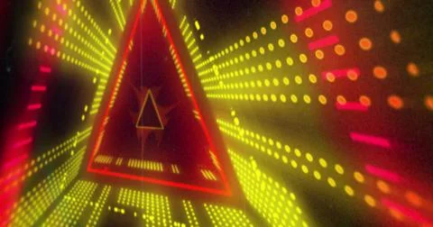 Image of triangular yellow and red 3d light display flashing and moving on black Illustrazione stock