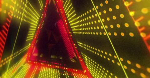 Image of triangular yellow and red 3d light display flashing and moving on black Ilustración de archivo
