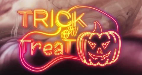 Image of trick or treat text and pumpkin over pink smoke background Stock Illustration