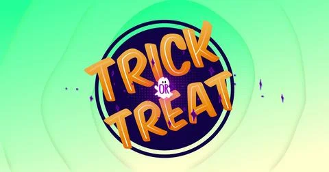 Image of trick or treat text over shapes on green background Stock Illustration
