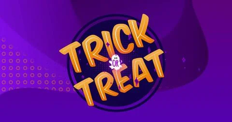 Image of trick or treat text over shapes on purple background Stock Illustration