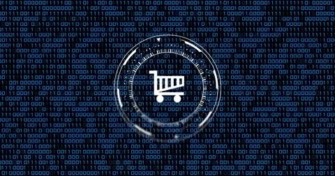 Image of trolley sign and binary coding data processing over black background 库存照片