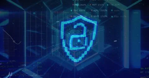 Image of tunnel made of hexagons, shield with padlock and data processing on Stock Illustration