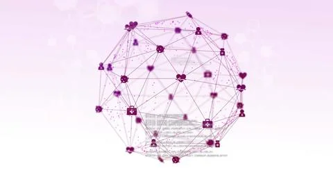 Image of turning globe of connected purple icons and data processing on white Stock Illustration