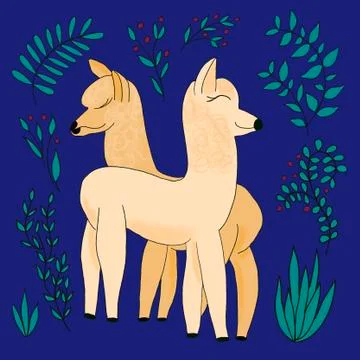 Image of two alpacas on a blue background with leaves and twigs Stock Illustration