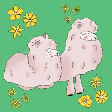 Image of two alpacas with flowers on a green background Stock Illustration