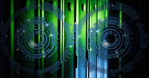 Image of two blue round scanner spinning against computer server room Stock Photos