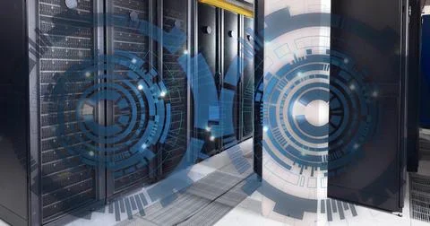 Image of two blue round scanner spinning against computer server room Stock Photos