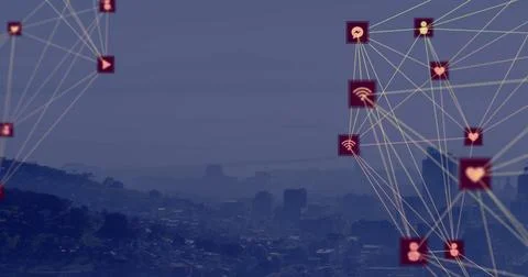 Image of two globes of digital icons and dots pattern against aerial view of Stock Illustration