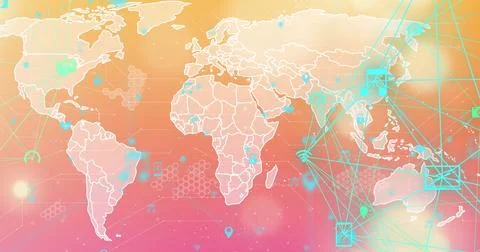Image of two globes of digital over world map against spots of light on orange Ilustração Stock