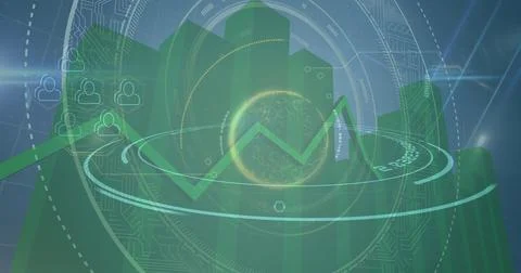 Image of two green graphs people icons and circles floating 스톡 일러스트