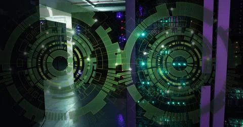 Image of two green round scanner spinning against computer server room Stock Photos