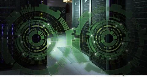 Image of two green round scanner spinning against computer server room Stock Photos