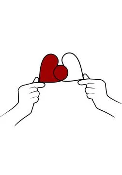 Image of two hearts in hands. Drawing hands holding a red heart. Concept: lov Stock Illustration