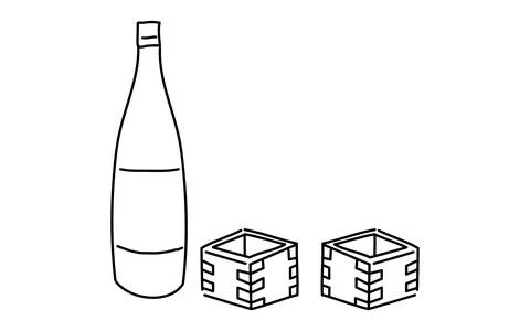 Image of two people drinking sake, simple line drawing illustration Stock Illustration