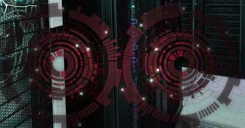 Image of two red round scanners spinning against computer server room Stock Photos